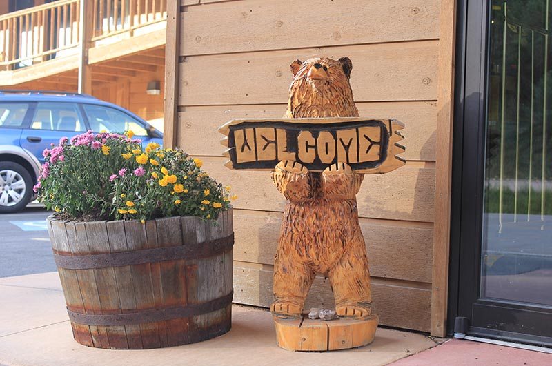 wooden bear with welcome sign